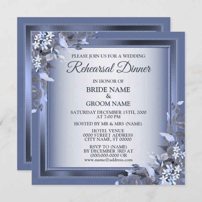 Convite Wedding Navy Blue Floral Silver Rehearsal Dinner (Frente/Verso)