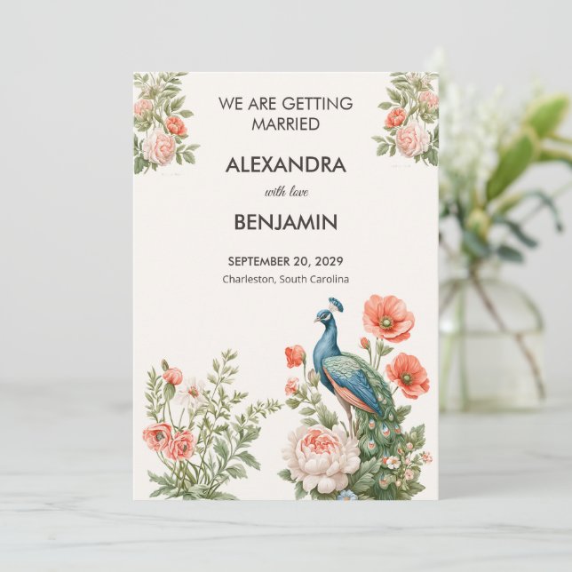Convite Wedding Peacock Botanical Vintage | Announcement (Em pé/Frente)