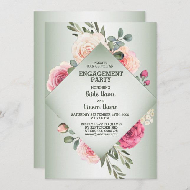 Convite Wedding Pink Floral Rustic Green Engagement Party (Frente/Verso)