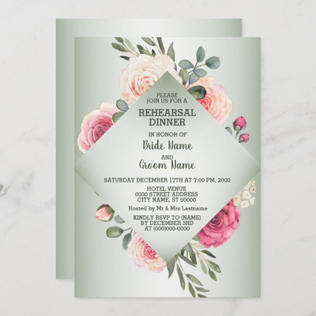 Convite Wedding Pink Floral Rustic Green Rehearsal Dinner (Frente/Verso)