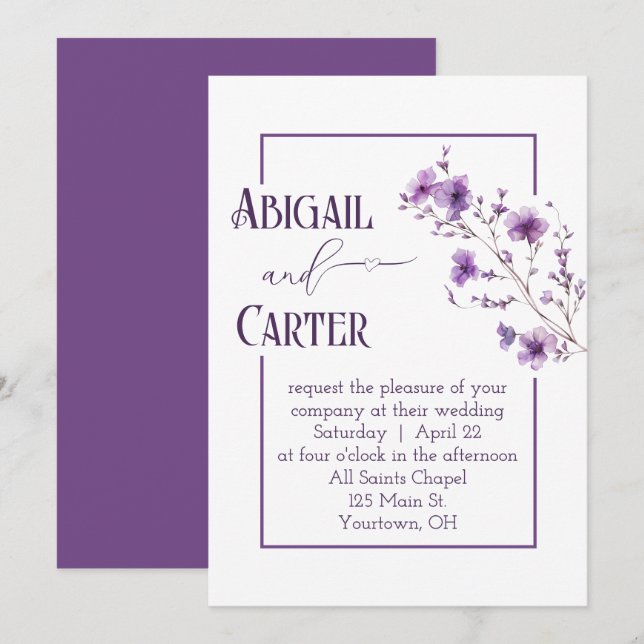 Convite Wedding Purple Floral Frame On White (Frente/Verso)