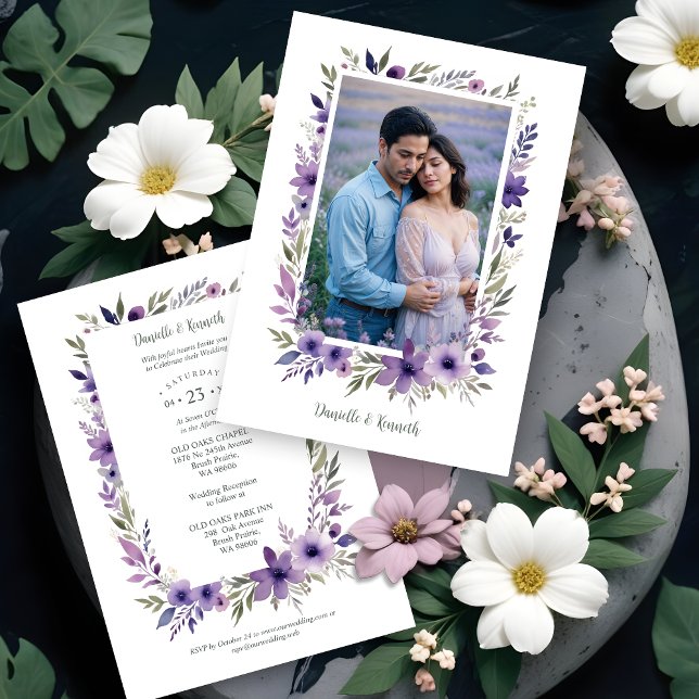 Convite Wedding Purple Shades Flowers Branches Photo (Wedding Purple Shades Flowers Branches Photo Invitations Cards.)