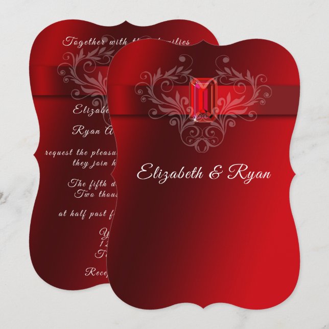 Convite Wedding Red Satin Ribbon Sparkling Ruby (Frente/Verso)