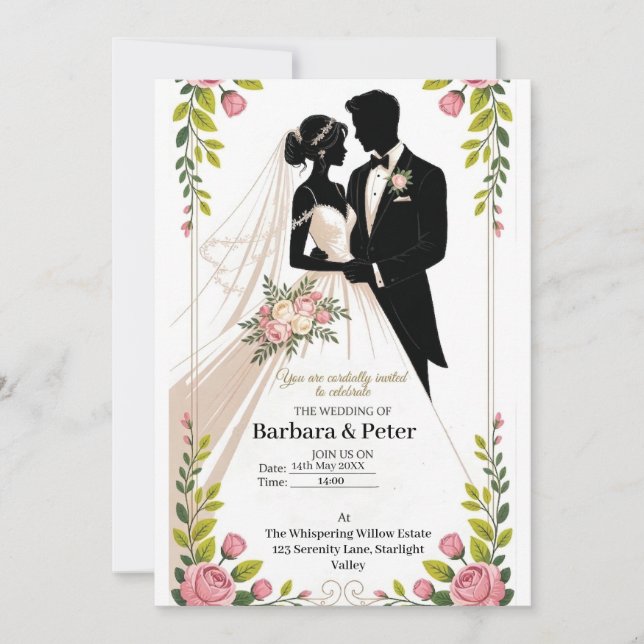 Convite Wedding Silhouette Invitation with Floral Accents (Frente)