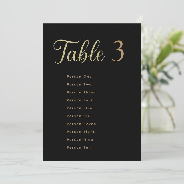 Convite Wedding Table Seating Chart Cards | Gold on Black (Em pé/Frente)