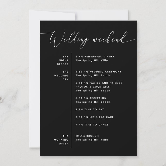 Convite Wedding Timeline | Minimal Black Weekend Schedule (Verso)