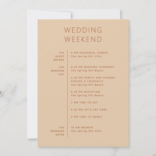Convite Wedding Weekend Schedule | Timeline Peach Sand (Verso)