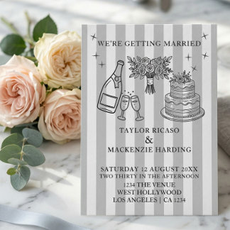 Convite Wedding Whimsical Doodles Grey and White