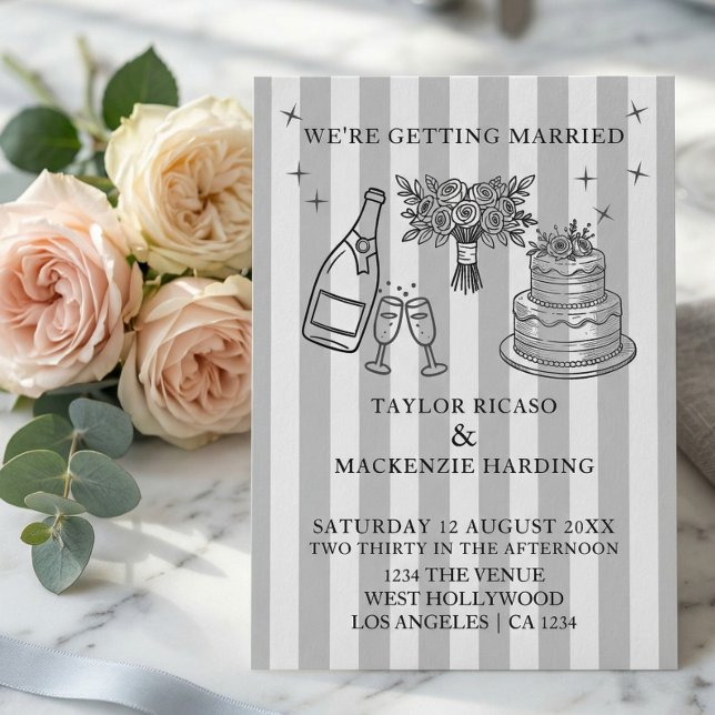 Convite Wedding Whimsical Doodles Grey and White (Wedding Whimsical Doodles Invitation
by Ricaso. features wedding cake, bouquet and flutes)