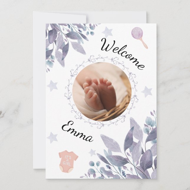 Convite Welcome baby round photo girl (Frente)