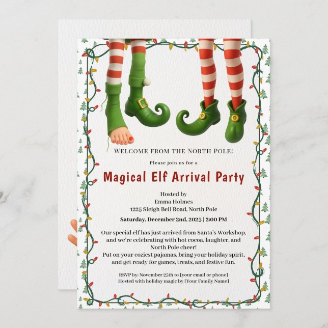 Convite Welcome Elf Party | North Pole Arrival Celebration (Frente/Verso)