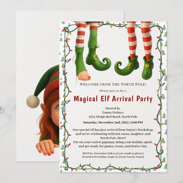 Convite Welcome Elf Party | North Pole Arrival Celebration (Frente/Verso)
