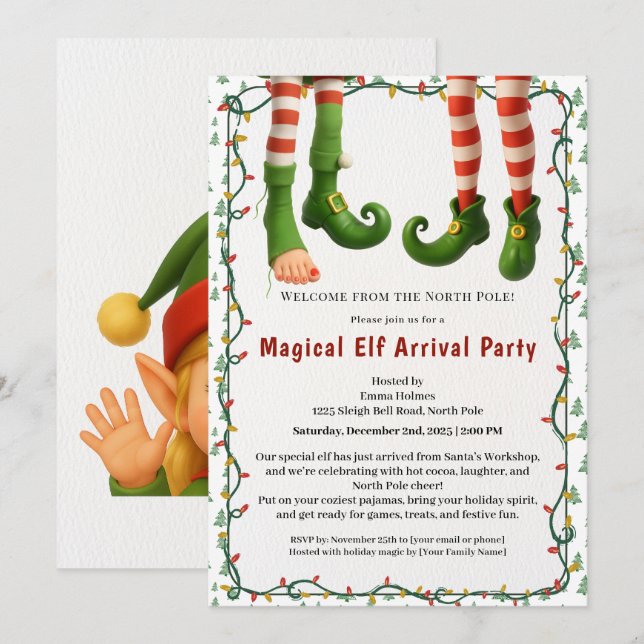 Convite Welcome Elf Party | North Pole Arrival Celebration (Frente/Verso)