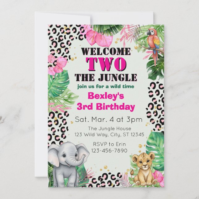 Convite Welcome TWO Jungle Pink 2nd Birthday (Frente)