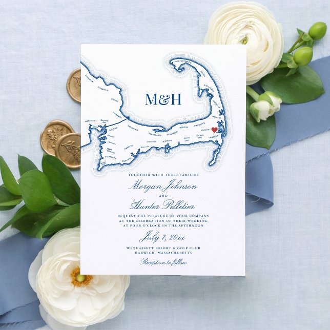 Convite Wequassett Resort Harwich Cape Cod Wedding Wedding (Elegant Wequassett Resort and Golf Club wedding invitation featuring a map of Cape Cod)