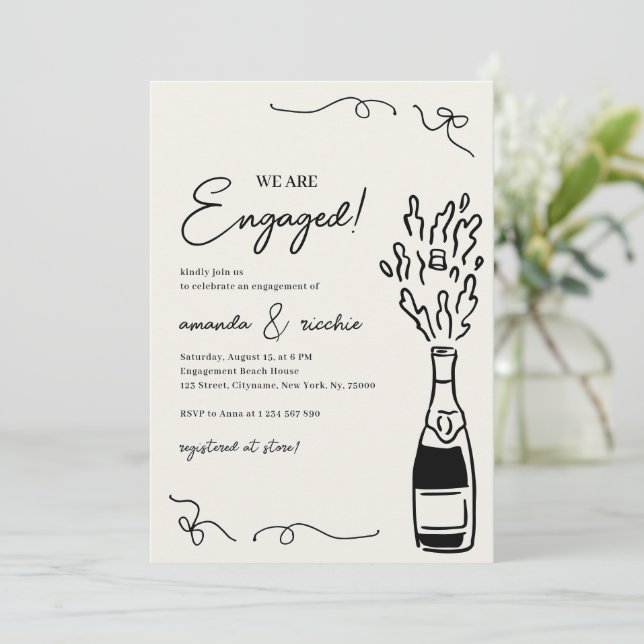 Convite Were Engaged Hand Drawn Champagne Engagement Party (Em pé/Frente)