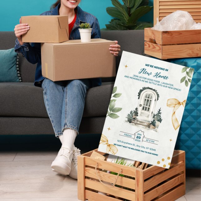 Convite We're Moving In! Housewarming Party Invitation ("Celebrate new beginnings! This cheerful 'We're Moving In!' invite is perfect for your housewarming )