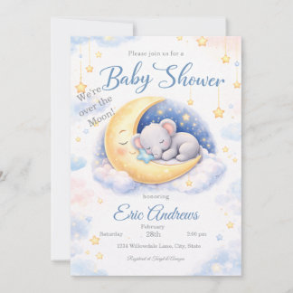 Convite We're Over the Moon Elephant Boy Baby Shower