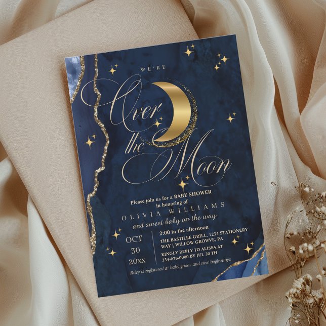 Convite We're Over the Moon Gold Stars Blue Baby Shower  (Criador carregado)