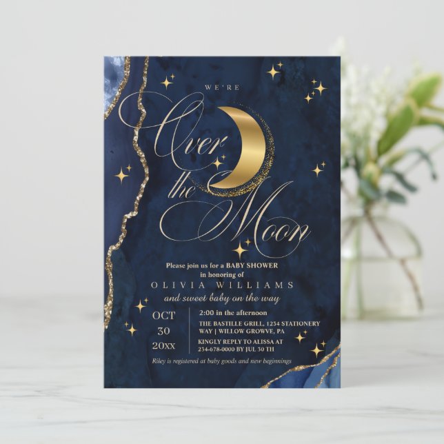 Convite We're Over the Moon Gold Stars Blue Baby Shower  (Em pé/Frente)