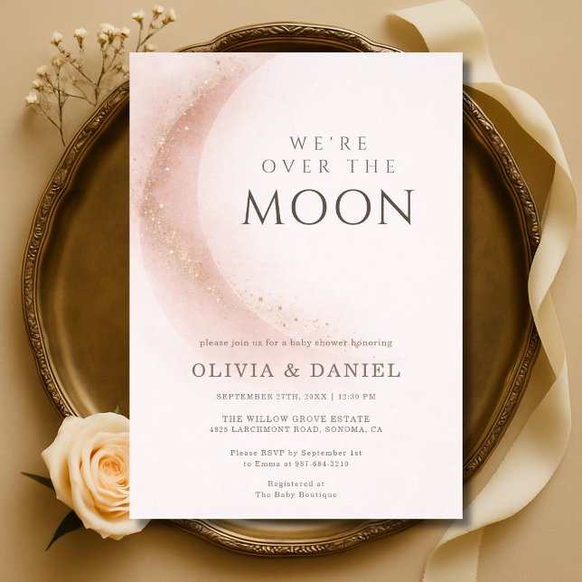 Convite We're Over The Moon Pink Couples Baby Shower (Criador carregado)