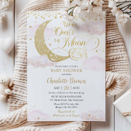 Convite We're Over the Moon Stars Pink Gold Baby Shower