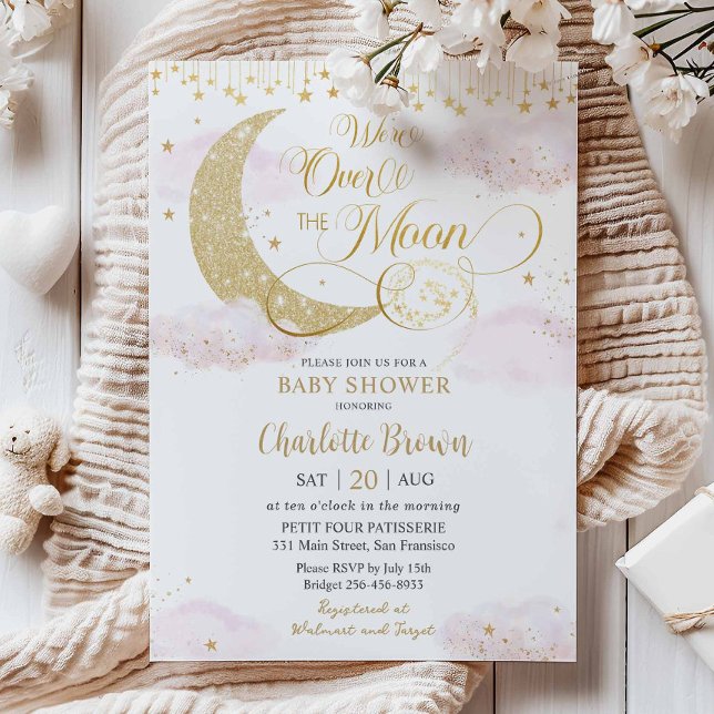 Convite We're Over the Moon Stars Pink Gold Baby Shower (Criador carregado)
