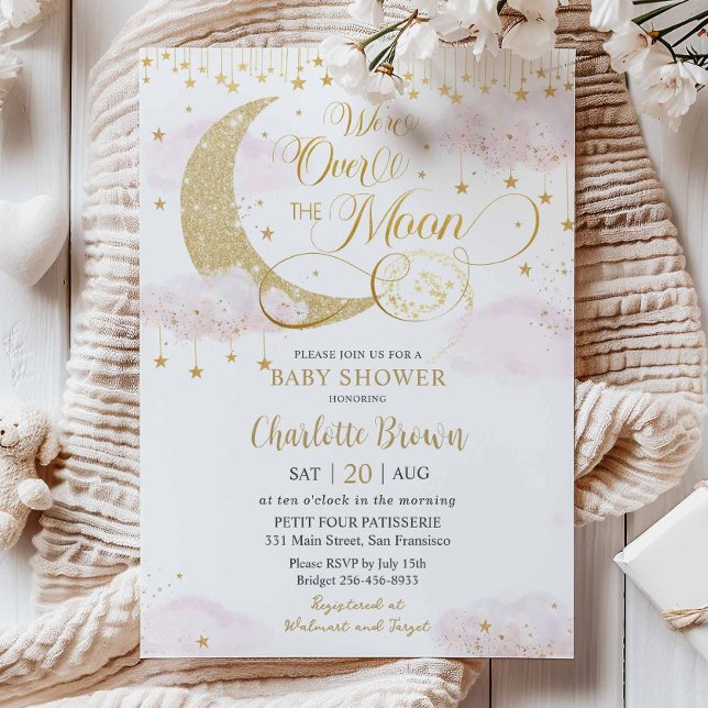 Convite We're Over the Moon Stars Pink Gold Baby Shower (Criador carregado)