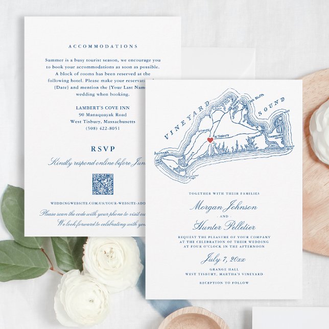 Convite West Tisbury MA Tudo-em-Um Código QR Azul de Casam (West Tisbury Wedding All-in-one QR code Invitation for an elegant Blue Martha's Vineyard Wedding)