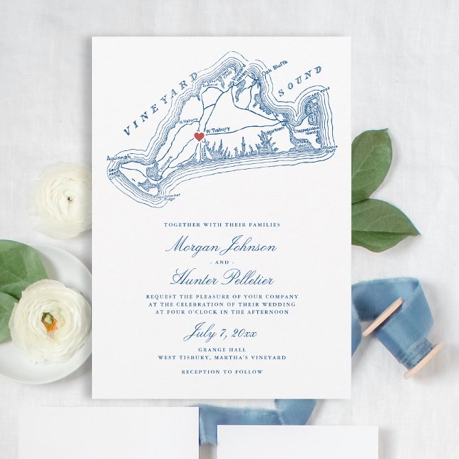 Convite West Tisbury MÃE Map Elegante Marinho Casamento Az (West Tisbury Map Wedding Invitation for an elegant Navy Blue Martha's Vineyard Wedding)