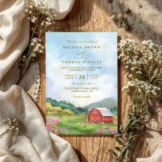 Convite Western Barn Rustic Countryside QR Code Wedding (Criador carregado)