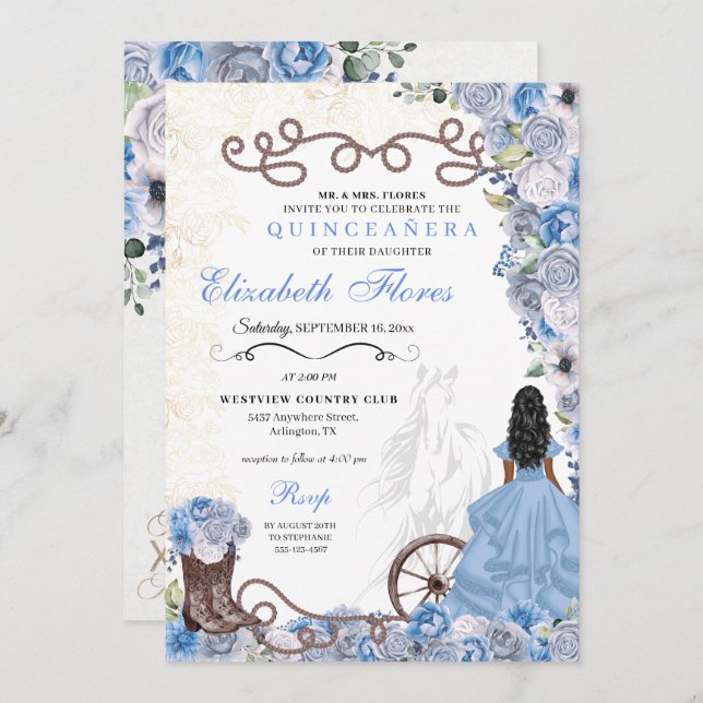 Convite Western Blue Princess Floral Charra Quinceañera (Frente/Verso)