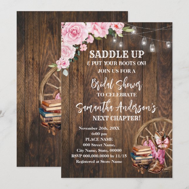 Convite Western Boots Saddle Up Next Chapter Bridal Shower (Frente/Verso)
