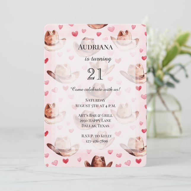 Convite Western Brown Pink Cowgirl Opa Corações Aniversári (Em pé/Frente)