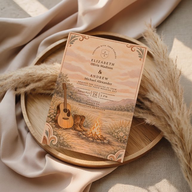 Convite Western Campfire Guitar Meadow Wedding (Criador carregado)