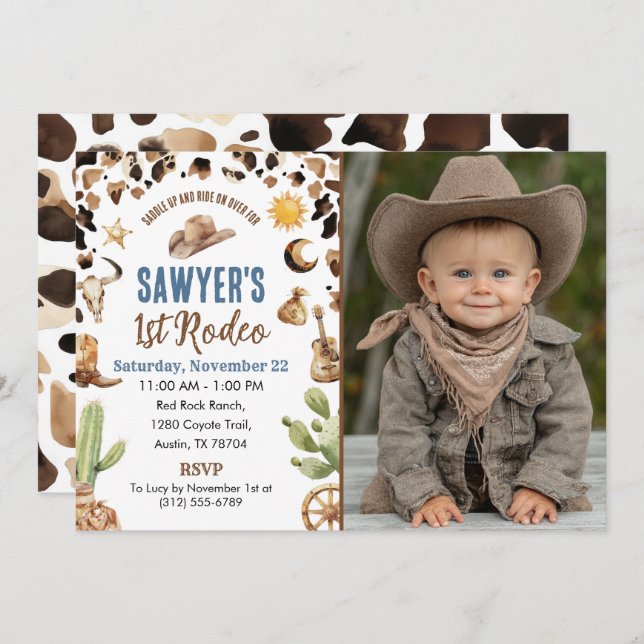 Convite Western Cowboy “1st Rodeo” Birthday Invitation (Frente/Verso)
