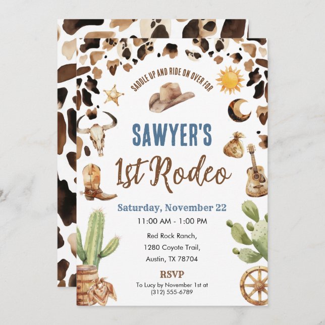 Convite Western Cowboy “1st Rodeo” Birthday Invitation (Frente/Verso)