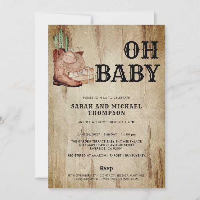 Convite Western Cowboy Baby Shower Cactus Hat Boots (Frente)