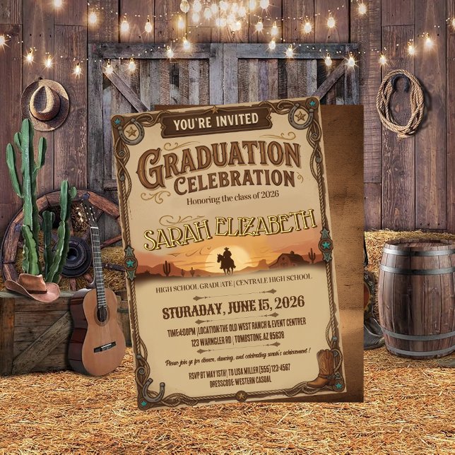 Convite Western Cowboy Silhouette Graduation Celebration  (Criador carregado)