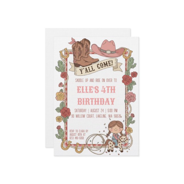 Convite western cowgirl birthday invitations (Frente/Verso In Situ)