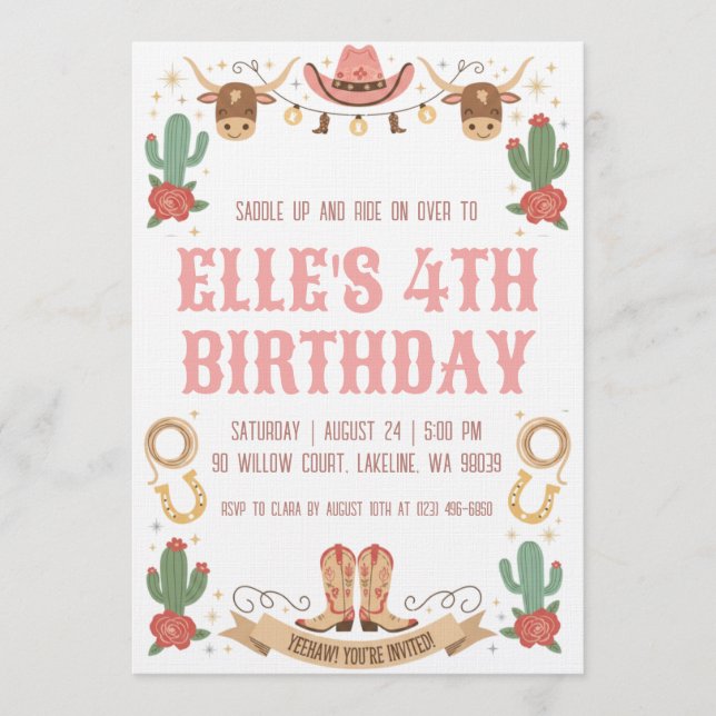 Convite western cowgirl birthday invitations (Frente)