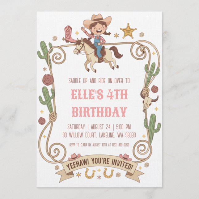 Convite western cowgirl birthday invitations (Frente)