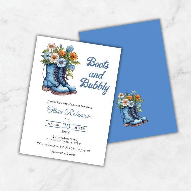 Convite Western Cowgirl Blue Boots & Bubbly Bridal Shower  (Western Cowgirl Blue Boots & Bubbly Bridal Shower Invitation )