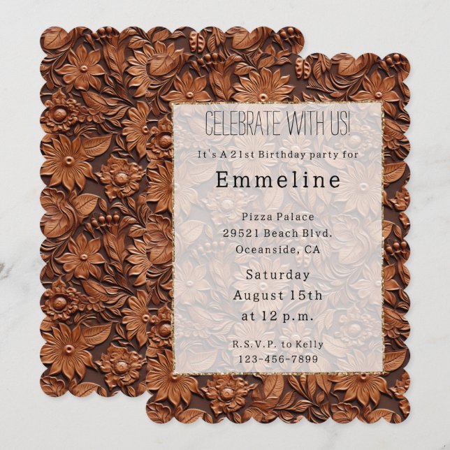 Convite Western Cowgirl Brown Floral Faux Leather (Frente/Verso)