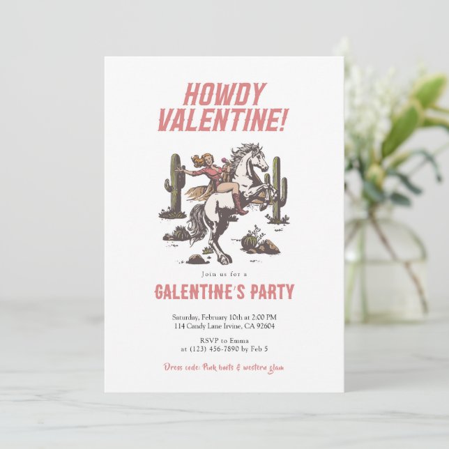 Convite Western Cowgirl Howdy Valentine Galentine’s (Em pé/Frente)