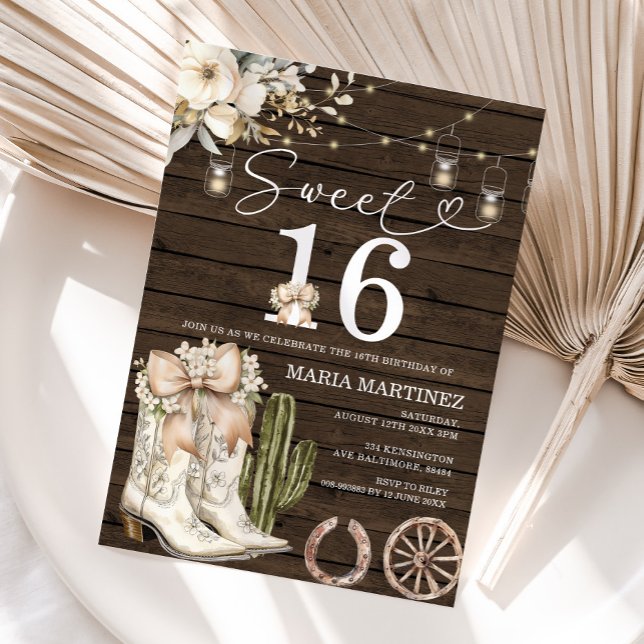 Convite Western Cowgirl White Boots Wood Sweet 16 Aniversá (Criador carregado)