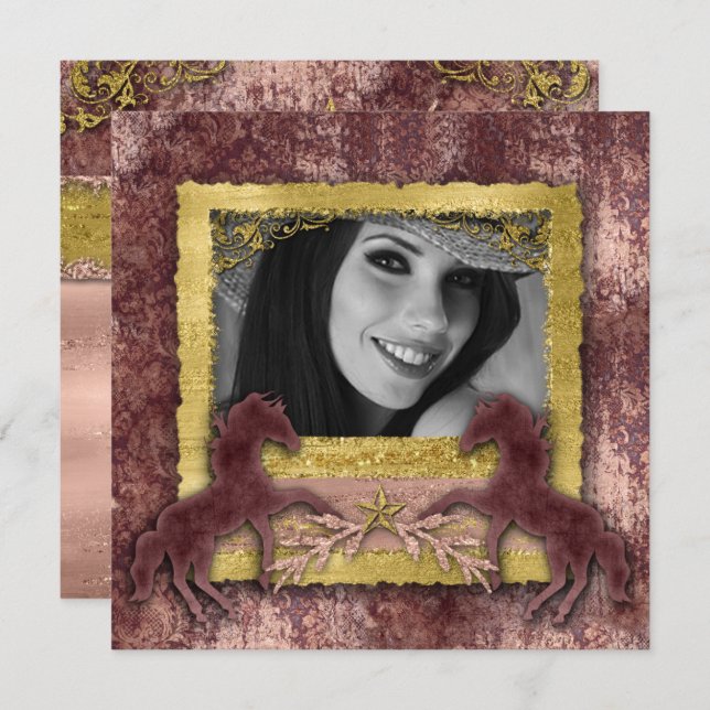 Convite Western de Cavalo Vintage Rosa Dourado Gra (Frente/Verso)