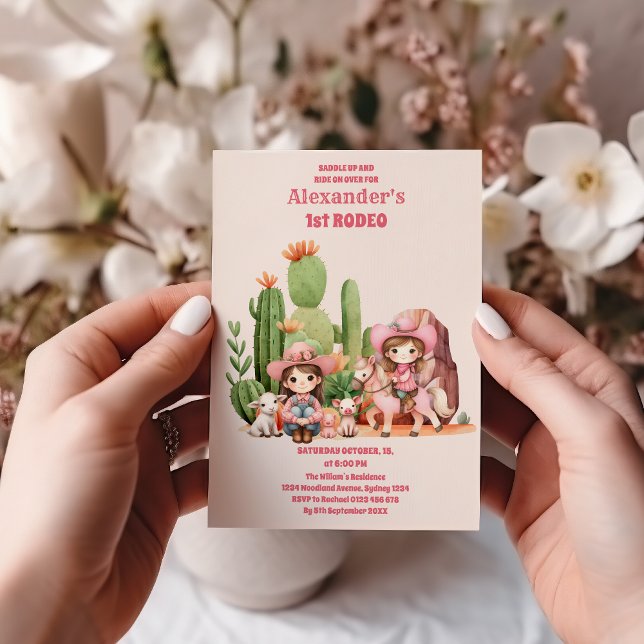 Convite Western First Rodeo Wildwest Cowgirl Pink Aniversá (Criador carregado)