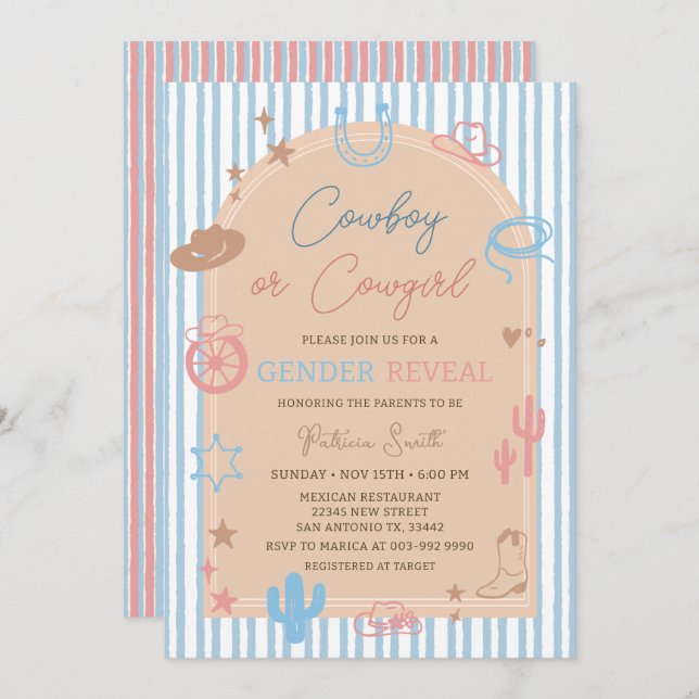 Convite Western Gender Reveal Cowboy or Cowgirl Stripe (Frente/Verso)