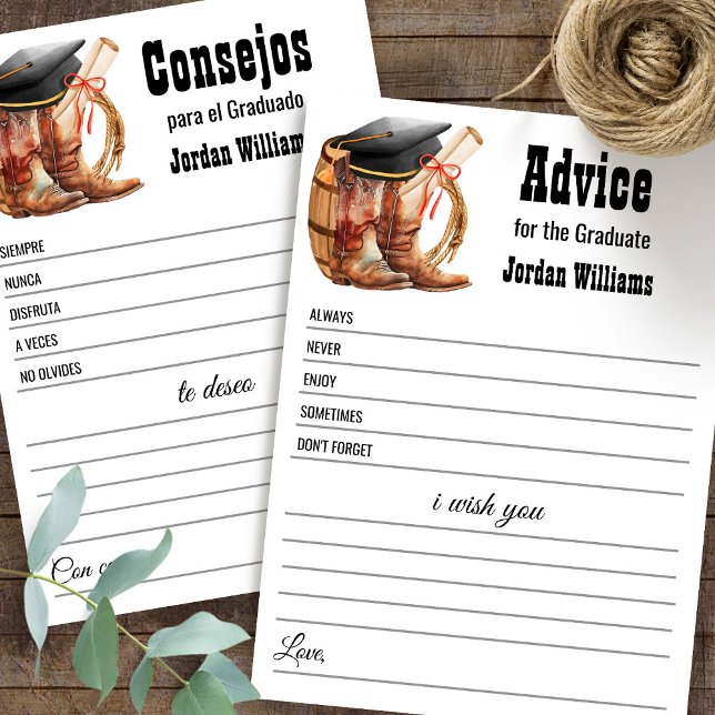 Convite Western Graduation Advice English Spanish card (Criador carregado)